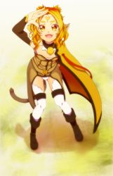 Rule 34 | 10s, 1girl, alicia rue, animal ears, bad id, bad pixiv id, bell, blonde hair, boots, cat ears, cat tail, circlet, cloak, curry gohan, fangs, highres, looking up, short hair, solo, sword art online, tail, thighhighs, yellow eyes