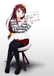Rule 34 | 1girl, :d, absurdres, bad id, bad pixiv id, blush, bow, brown eyes, brown hair, crown, eyebrows, gradient background, hair bow, headband, highres, holding, holding sign, kantoku (style), knees together feet apart, korean text, long hair, low-tied long hair, mary janes, open mouth, original, pantyhose, pencil skirt, plaid, plaid skirt, shirosaba47, shoes, sign, sitting, skirt, smile, solo, swept bangs, tareme, text focus, translation request