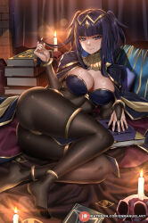 Rule 34 | 1girl, anklet, ass, bangle, black cape, black hair, blunt bangs, bodystocking, book, book stack, bracelet, breasts, bridal gauntlets, candle, cape, circlet, cleavage, closed mouth, enma (enmanuelart), fire emblem, fire emblem awakening, gold trim, highres, jewelry, large breasts, long hair, looking at viewer, lying, nintendo, on side, sidelocks, smile, solo, tharja (fire emblem), thighlet, tiara, two side up