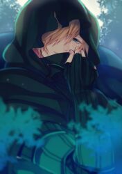 Rule 34 | 1boy, blurry, blurry background, blurry foreground, closed mouth, fate/grand order, fate (series), fingerless gloves, fingernails, gloves, green eyes, green hood, hair over one eye, highres, hood, hood up, long sleeves, m ccoli, male focus, orange hair, outdoors, pixiv fate/grand order contest 1, ribbed gloves, robin hood (fate), short hair, smile, solo, upper body