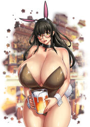 Rule 34 | 1girl, absurdres, alcohol, animal ears, bar (place), bare shoulders, beer, beer mug, black hair, blush, borrowed character, breasts, broken, broken chain, brown leotard, chain, chinese zodiac, cleavage, counter, cuffs, cup, curvy, erkaz, fake animal ears, glasses, highres, huge breasts, leotard, long hair, looking at viewer, mistimagi (character), mug, open mouth, original, playboy bunny, rabbit ears, solo, standing, thick thighs, thighs, wide hips, wrist cuffs, year of the rabbit, yellow eyes