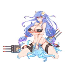 Rule 34 | 12cat, 1girl, :3, :o, absurdres, alternate costume, anchor, bikini, blue hair, blush stickers, bracelet, breast hold, breasts, earrings, flower, hair flower, hair ornament, helena (warship girls r), highres, jewelry, large breasts, looking at viewer, low twintails, nail polish, necklace, octopus cat, orange eyes, solo, straddling, strap lift, swimsuit, tentacles, thigh strap, turret, twintails, underboob, warship girls r, white background