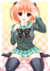 Rule 34 | 1girl, :d, bad id, bad pixiv id, black thighhighs, blush, breasts, brown eyes, brown hair, checkered background, full body, hataraku maou-sama!, head tilt, highres, long sleeves, looking at viewer, open mouth, pleated skirt, salute, sasaki chiho, school uniform, shocchan (sanymph), short twintails, simple background, sitting, skirt, smile, tareme, thighhighs, twintails, wariza