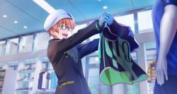 Rule 34 | 1boy, aoi kyosuke, clothes hanger, coat, glasses, gloves, hair between eyes, hat, highres, holding, holding clothes, holding shirt, idolmaster, idolmaster side-m, idolmaster side-m growing stars, indoors, long sleeves, male focus, official art, open mouth, orange hair, pocket, shirt, shoes, shop, smile, teeth, upper teeth only, white hat, zipper