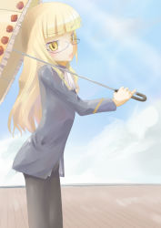 Rule 34 | 00s, 1girl, blonde hair, day, dune (artist), glasses, jacket, long hair, pantyhose, parasol, perrine h. clostermann, sky, solo, strike witches, umbrella, uniform, world witches series, yellow eyes