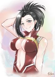 Rule 34 | 10s, 1girl, absurdres, arm behind back, arm up, black hair, blue eyes, blush, boku no hero academia, breasts, chest strap, cleavage, cropped torso, gu li, halterneck, hand in own hair, high collar, highres, large breasts, leotard, long hair, looking at viewer, midriff, navel, sleeveless, smile, solo, standing, stomach, upper body, yaoyorozu momo