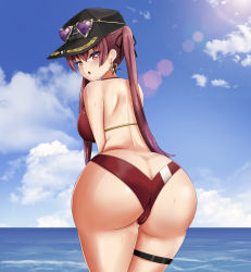 Rule 34 | 1girl, absurdres, ass, bare shoulders, baseball cap, bikini, blush, breasts, butt crack, danzfloor, from behind, hat, heterochromia, highres, hololive, houshou marine, huge ass, large breasts, leaning, leaning forward, long hair, looking at viewer, looking back, open mouth, parted lips, red eyes, red hair, shiny clothes, shiny skin, sideboob, solo, swimsuit, thigh strap, twintails, very long hair, virtual youtuber, yellow eyes