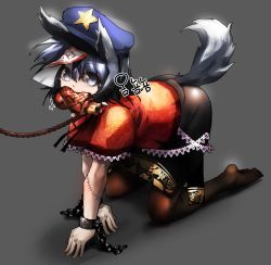 Rule 34 | 1girl, all fours, animal ears, bad id, bad pixiv id, black hat, black pantyhose, black skirt, blue eyes, blue hair, chain, chain leash, collarbone, cuffs, dog ears, dog tail, food, full body, hair between eyes, hat, highres, leash, looking at viewer, meat, miniskirt, miyako yoshika, mo ne, mouth hold, pantyhose, red shirt, shirt, simple background, skirt, solo, star (symbol), stitches, tail, touhou