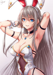 Rule 34 | 1girl, animal ears, arm strap, armpits, arms up, black choker, blue eyes, breasts, choker, cleavage, collarbone, commentary request, covered navel, earrings, fake animal ears, grey hair, hair ornament, hairband, highres, jewelry, large breasts, leotard, long hair, necklace, original, parted lips, playboy bunny, rabbit ears, sakiyamama, simple background, smile, solo, two-tone leotard, white background, white hairband