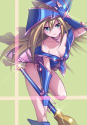 Rule 34 | 1girl, absurdres, bare legs, bare shoulders, blonde hair, blue eyes, blush stickers, boots, breasts, cleavage, dark magician girl, duel monster, female focus, fingerless gloves, gloves, hand on headwear, hat, highres, large breasts, legs, long hair, looking at viewer, magical girl, maruchi, simple background, skirt, smile, solo, sparkle, wand, wizard hat, yu-gi-oh!, yu-gi-oh! duel monsters