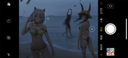 Rule 34 | 3girls, amiya (arknights), animal ears, arknights, arms up, ass, bare arms, bare shoulders, beach, bikini, black bikini, black one-piece swimsuit, blue eyes, blue shorts, brown hair, cat ears, cat tail, ch&#039;en (arknights), commentary, cowboy shot, ears through headwear, fake phone screenshot, fake screenshot, feet out of frame, flip-flops, flower, from behind, goggles, goggles on headwear, green bikini, green eyes, hand up, hat, hat flower, jay xu, kal&#039;tsit (arknights), long hair, looking at viewer, looking back, material growth, md5 mismatch, multi-strapped panties, multiple girls, navel, night, night sky, ocean, official alternate costume, one-piece swimsuit, oripathy lesion (arknights), rabbit ears, red flower, resolution mismatch, rock, sandals, short hair, short shorts, shorts, silver hair, sky, skyfire (arknights), skyfire (temperature difference) (arknights), smile, soaking feet, source larger, standing, stomach, stretching, sun hat, swimsuit, swire (arknights), tail, thighlet, thighs, translation request, wading, water