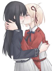 Rule 34 | 2girls, black hair, blonde hair, blue dress, blue ribbon, blush, closed eyes, commentary, dress, embarrassed, french kiss, hair ribbon, hands on another&#039;s neck, highres, inoue takina, kiss, long hair, long sleeves, looking at another, lycoris recoil, lycoris uniform, medium hair, multiple girls, neck ribbon, nishikigi chisato, one side up, red dress, red eyes, red ribbon, ribbon, simple background, syonosuke9573, tongue, tongue out, white background, yuri