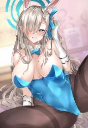 Rule 34 | 1girl, animal ears, asuna (blue archive), asuna (bunny) (blue archive), bare shoulders, blue archive, blue eyes, blue leotard, blue ribbon, breasts, brown pantyhose, cleavage, comiket 101, fake animal ears, gloves, grin, hair over one eye, hair ribbon, halo, highres, large breasts, leotard, light brown hair, long bangs, long hair, looking at viewer, mole, mole on breast, mutou mame, official alternate costume, one eye covered, pantyhose, playboy bunny, rabbit ears, ribbon, sitting, smile, solo, spread legs, thighband pantyhose, variant set, white gloves