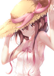 Rule 34 | 1girl, :3, absurdres, alternate costume, armpits, bad id, bad pixiv id, bare shoulders, blush, breasts, brown eyes, brown hair, closed mouth, collarbone, commentary request, folded ponytail, hair between eyes, hat, hat ribbon, highres, holding, holding clothes, holding hat, inazuma (kancolle), kantai collection, long hair, looking at viewer, md5 mismatch, numpopo, pink ribbon, resolution mismatch, ribbon, simple background, sleeveless, small breasts, smile, solo, standing, straw hat, upper body, white background