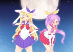Rule 34 | 2girls, alternate costume, bishoujo senshi sailor moon, blonde hair, blush, bow, bowtie, closed mouth, commentary request, cosplay, elbow gloves, full moon, gloves, hand on own hip, kanpa (campagne 9), long hair, moon, multiple girls, night, night sky, one eye closed, pink bow, pink bowtie, pleated skirt, ponytail, purple hair, purple sailor collar, purple skirt, red bow, red bowtie, red eyes, red sailor collar, red skirt, sailor collar, shirt, short sleeves, skirt, skirt tug, sky, smile, star (sky), touhou, v, very long hair, watatsuki no toyohime, watatsuki no yorihime, white gloves, white shirt, yellow eyes