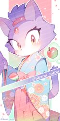Rule 34 | 1girl, animal ears, animal nose, apple, aqua background, artist name, belt, blaze the cat, blue kimono, blue shirt, blush, border, bow, cat ears, cat girl, cat tail, closed mouth, commentary request, eyelashes, floral print, flower, food, forehead jewel, fruit, furry, furry female, gem, gradient background, green background, hands up, holding, holding food, iiimirai, japanese clothes, kimono, looking away, multicolored background, multicolored clothes, multicolored kimono, outside border, pink background, pink belt, pink bow, pink flower, pink gemstone, pink kimono, pink skirt, purple fur, shirt, skirt, solo, sonic (series), standing, tail, telekinesis, watermark, white border, white flower, yellow eyes