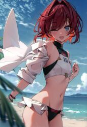 Rule 34 | 1girl, absurdres, ange katrina, bare shoulders, beach, bikini, blue eyes, blue sky, bracelet, clenched hand, cloud, cloudy sky, day, flat chest, hair ornament, hairclip, hand up, highres, jewelry, kuro-kun (nablack), looking at viewer, navel, nijisanji, ocean, one eye closed, open clothes, open mouth, open shirt, outdoors, red hair, scan, shirt, short hair, simple background, sky, sleeves rolled up, solo, stomach, swimsuit, thighs, virtual youtuber, water
