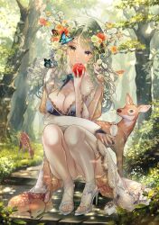 Rule 34 | 1girl, antlers, apple, bird, bird on hand, blue dress, blush, breasts, bug, butterfly, butterfly on head, ceres fauna, ceres fauna (1st costume), cleavage, cleavage cutout, clothing cutout, deer, dress, flower, food, forest, fruit, green eyes, green hair, hair flower, hair ornament, high heels, highres, holding, holding food, holding fruit, hololive, hololive english, horns, insect, large breasts, long hair, looking at viewer, miyu (miyulein), mole, mole under eye, nature, single thighhigh, sleeveless, sleeveless dress, thighhighs, virtual youtuber, white footwear, white thighhighs