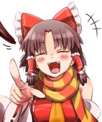 Rule 34 | +++, 1girl, :d, ascot, benikurage (cookie), blush, bow, brown hair, commentary request, cookie (touhou), detached sleeves, enperuto (yarumi), hair bow, hair tubes, hakurei reimu, laughing, long sleeves, open mouth, pointing, pointing at viewer, red bow, ribbon-trimmed sleeves, ribbon trim, saliva, scarf, sidelocks, simple background, smile, solo, spoon worm, striped clothes, striped scarf, touhou, transparent background, upper body, white background, wide sleeves