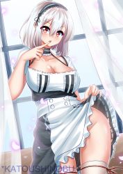 Rule 34 | 1girl, :o, alternate costume, artist name, azur lane, breasts, clothes lift, clothes pull, dress, enmaided, finger to mouth, hair between eyes, highres, katou shinobu, large breasts, maid, red eyes, sirius (azur lane), skirt, skirt lift, skirt pull, solo, thick thighs, thighhighs, thighs, white dress