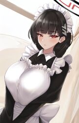 Rule 34 | 1girl, absurdres, apron, black dress, black hair, blue archive, blush, breasts, commentary, crimecrime, dress, hair ornament, hairclip, halo, highres, huge breasts, long hair, long sleeves, looking at viewer, maid, maid headdress, red eyes, rio (blue archive), solo, white apron
