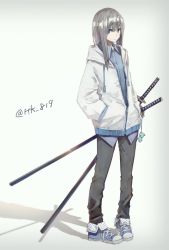 Rule 34 | 1girl, black pants, blue eyes, coat, expressionless, female focus, hands in pockets, hashimoto kokai, highres, hood, hooded coat, katana, long hair, original, pants, shadow, shoes, silver hair, simple background, solo, standing, sword, twitter username, weapon, white background, white coat