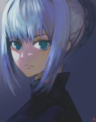Rule 34 | 1girl, blue background, closed mouth, dated, eyelashes, fate/grand order, fate (series), film grain, gray (fate), green eyes, grey hair, grey pupils, hair between eyes, hair bun, highres, looking at viewer, lord el-melloi ii case files, moedredd, painterly, short hair, signature, simple background, single hair bun, solo, upper body