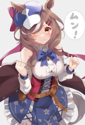 Rule 34 | 1girl, absurdres, animal ears, bare shoulders, belt, blue bow, blue bowtie, blush, bow, bowtie, breasts, brown hair, ears through headwear, grey background, hair ornament, hair over one eye, hairclip, hat, highres, horse ears, horse girl, kujou ichiso, large breasts, long hair, long sleeves, looking at viewer, matikane tannhauser (umamusume), multicolored hair, simple background, smile, solo, streaked hair, umamusume, upper body, white hair, yellow eyes