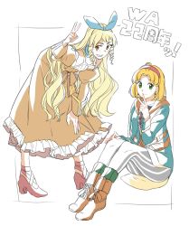 Rule 34 | 2girls, ahoge, belt, blonde hair, blue neckwear, breasts, brown eyes, cecilia lynne adelhyde, closed mouth, coat, dress, drill hair, earrings, green eyes, hair ribbon, hairband, high heels, highres, jane maxwell, jewelry, long hair, looking at viewer, mugino kouji, multiple girls, one-hour drawing challenge, open mouth, orange sleeves, pantyhose, red hairband, ribbon, short hair, smile, wild arms, wild arms 1