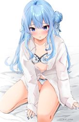 Rule 34 | 1girl, bare legs, blue eyes, blue hair, blue nails, blush, bra, ex idol, fingernails, hair bun, hair ribbon, highres, hololive, hoshimachi suisei, long hair, nail polish, on bed, open clothes, open shirt, panties, parted lips, partially unbuttoned, ribbon, shirt, simple background, single side bun, sitting, sleeves past wrists, solo, star (symbol), star in eye, symbol in eye, underwear, virtual youtuber, white background, white bra, white panties, white ribbon, white shirt