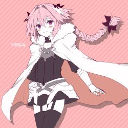 Rule 34 | 1boy, astolfo (fate), bad id, bad twitter id, blush, braid, cape, fate/apocrypha, fate/grand order, fate (series), garter straps, hair ribbon, highres, ito (silk9f), long hair, looking at viewer, male focus, purple eyes, ribbon, simple background, smile, solo, thighhighs, trap, white hair