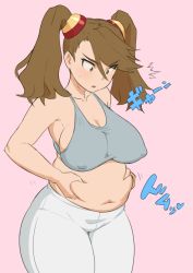 Rule 34 | 10s, 1girl, bad id, bad pixiv id, bare shoulders, belly, belly grab, blush, breasts, brown hair, covered erect nipples, fat, gundam, gundam build fighters, gundam build fighters try, large breasts, long hair, mikoyan, navel, pink background, plump, sazaki kaoruko, simple background, solo, tank top, text focus, thick thighs, thighhighs, thighs, translation request, twintails, weight conscious, white thighhighs, wide hips
