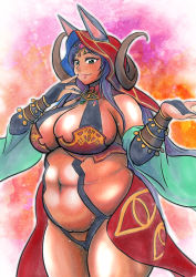 Rule 34 | 1girl, animal ears, bare shoulders, belly, big belly, black gloves, blue eyes, breasts, bridal gauntlets, circlet, cleavage, cloak, dark skin, dark-skinned female, elbow gloves, fang, fat, fat rolls, fate/grand order, fate (series), finger to mouth, gloves, highres, hip focus, hood, hooded cloak, horns, large breasts, lips, long hair, navel, onomichi (528959), plump, purple hair, queen of sheba (fate), simple background, smile, solo, tan, thick thighs, thighs