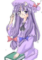 Rule 34 | 1girl, bad id, bad pixiv id, bespectacled, book, female focus, glasses, hair ribbon, hat, patchouli knowledge, purple eyes, purple hair, purple hat, ribbon, sidorov, solo, touhou, white background