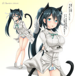 Rule 34 | alternate costume, animal ears, baretto (firearms 1), black hair, blue eyes, blush, breasts, cat ears, cat tail, commentary request, cosplay, fake animal ears, fake tail, francesca lucchini, hair between eyes, hair ribbon, isuzu (kancolle), kantai collection, large breasts, long hair, looking at viewer, ribbon, solo, speech bubble, strike witches, tail, translation request, twintails, twitter username, world witches series