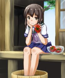Rule 34 | 10s, 1girl, ame., basin, black hair, bowl, brown eyes, check commentary, commentary request, fubuki (kancolle), kantai collection, long hair, school uniform, serafuku, sitting, soaking feet, solo, tomato, water