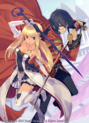 Rule 34 | 1boy, 1girl, armor, armored boots, bare shoulders, blonde hair, boots, breasts, cape, cleavage, crossed swords, expressionless, glasses, holding, holding sword, holding weapon, katana, kin-iro no moji tsukai, leg up, long hair, looking at viewer, parted lips, standing, standing on one leg, sumaki shungo, sword, thigh boots, thighhighs, very long hair, weapon, white footwear, white thighhighs, zettai ryouiki