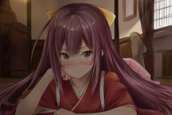 Rule 34 | 10s, 1girl, blush, bow, hair bow, hair ribbon, hand on own cheek, hand on own face, head rest, ichikawa feesu, indoors, japanese clothes, kamikaze (kancolle), kantai collection, kimono, leg up, long hair, looking at viewer, lying, on stomach, pink skirt, purple eyes, purple hair, ribbon, skirt, smile, solo, window, yellow ribbon