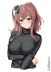 Rule 34 | 1girl, alternate costume, arms under breasts, black sweater, blush, breast hold, breasts, brown hair, cleavage, cropped torso, ebifurya, grey eyes, hair between eyes, highres, kantai collection, large breasts, long hair, looking at viewer, ponytail, ribbed sweater, saratoga (kancolle), side ponytail, sidelocks, simple background, smile, smokestack, solo, sweater, turtleneck, turtleneck sweater, twitter username, white background
