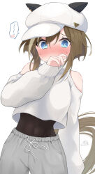 Rule 34 | 1girl, @ @, animal ears, bare shoulders, black shirt, blue nails, blush, brown hair, cabbie hat, cheval grand (umamusume), clothing cutout, commentary request, covered mouth, covered navel, crop top, ears through headwear, grey pants, hair between eyes, hand up, hat, highres, horse ears, horse girl, horse tail, long sleeves, looking at viewer, masshirokachi, multicolored hair, nail polish, nose blush, pants, puffy long sleeves, puffy sleeves, shirt, shoulder cutout, signature, simple background, sleeves past wrists, solo, streaked hair, sweater, tail, twitter username, umamusume, undershirt, white background, white hat, white sweater