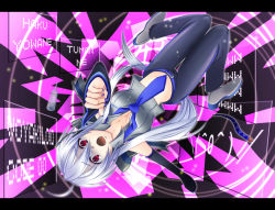 Rule 34 | (^o^)/, 1girl, :o, agi (kankarado), ahoge, arrow (symbol), text background, blouse, constricted pupils, detached sleeves, floating, grey shirt, letterboxed, long hair, midriff, nail polish, necktie, open collar, open mouth, purple nails, red eyes, ribbon, shirt, shoes, sidelocks, silver hair, solo, text focus, turn pale, upside-down, very long hair, vocaloid, yowane haku