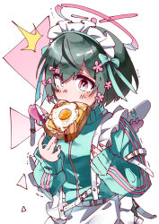 1girl ^^^ alternate_costume ankaketomato apron aqua_jacket arm_belt black_hair bow bread bread_slice flower food food_in_mouth fried_egg fried_egg_on_toast hair_between_eyes hair_bow hair_flower hair_ornament highres iyowa_girls jacket jersey_maid kurari-chan_(iyowa) kyu-kurarin_(cevio) maid maid_apron maid_headdress mouth_hold pink_bow pink_eyes pink_flower pink_nails pink_trim short_hair simple_background solo toast toast_in_mouth track_jacket unconventional_maid