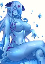 Rule 34 | 1girl, blue skin, breasts, closed mouth, colored skin, core, crossed legs, erubetie, hair over one eye, highres, horns, large breasts, lips, long hair, looking at viewer, momendoufu, mon-musu quest!, monster girl, nipples, nude, pointy ears, red eyes, simple background, sitting, slime girl, solo, tattoo, white background