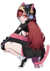 Rule 34 | 1girl, absurdres, bandaid, bandaid on knee, bandaid on leg, bikini, black bikini, black footwear, black jacket, black nails, breasts, cat tail, from behind, full body, highres, hood, hood up, jacket, long hair, long sleeves, looking at viewer, looking back, nail polish, nekota tsuna, off shoulder, open mouth, orange eyes, orange hair, red hair, shoes, simple background, socks, solo, squatting, striped bikini, striped clothes, swimsuit, syhan, tail, virtual youtuber, vspo!, white background, white socks