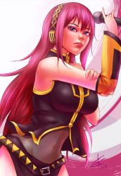 Rule 34 | 1girl, bad id, bad pixiv id, bare shoulders, belt, blue eyes, breasts, detached sleeves, halterneck, halterneck, headphones, highres, impossible clothes, large breasts, lips, lipstick, long hair, makeup, megurine luka, microphone, navel, pink hair, see-through, side slit, signature, skirt, solo, tinnies, vocaloid