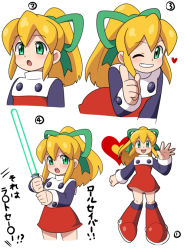 Rule 34 | 1girl, :o, ;d, black shirt, blonde hair, blush, boots, commentary request, dress, energy sword, flat chest, frilled dress, frills, green eyes, green ribbon, grin, hair ribbon, heart, holding, holding weapon, index finger raised, knee boots, leaning forward, lightsaber, long hair, long sleeves, looking at viewer, mega man (classic), mega man (series), multiple views, one eye closed, open mouth, ponytail, red dress, red footwear, ribbon, roll (mega man), shirt, sidelocks, smile, standing, sword, translation request, undershirt, weapon, yume yoroi