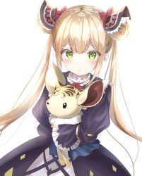Rule 34 | 1girl, blonde hair, bow, commentary request, double bun, dress, frills, frown, green eyes, hair bun, hair ornament, highres, kichi (kichifav), long hair, long sleeves, looking at viewer, luna (shadowverse), ribbon, shadowverse, simple background, solo, stuffed animal, stuffed toy, twintails, very long hair, white background, yellow eyes