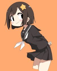 Rule 34 | 1girl, arms behind back, black eyes, black sailor collar, black serafuku, black skirt, blush, borrowed character, brown hair, closed mouth, cropped legs, hair ornament, highres, looking at viewer, neckerchief, orange background, original, pleated skirt, sailor collar, school uniform, serafuku, short hair, simple background, skirt, smile, solo, star (symbol), star hair ornament, white neckerchief, yachima tana