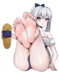 Rule 34 | 1girl, barefoot, blue archive, blush, feet, foot focus, grey hair, kukoi, long hair, miyako (blue archive), parted lips, ponytail, purple eyes, sandals, shoes, silver hair, single shoe, soles, toes, unworn sandals, white hair