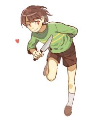 Rule 34 | androgynous, arm behind back, bad id, bad twitter id, brown hair, cdov34, chara (undertale), gender request, heart, knife, other focus, red eyes, shirt, shorts, simple background, smile, solo, spoilers, standing, standing on one leg, striped clothes, striped shirt, undertale, white background